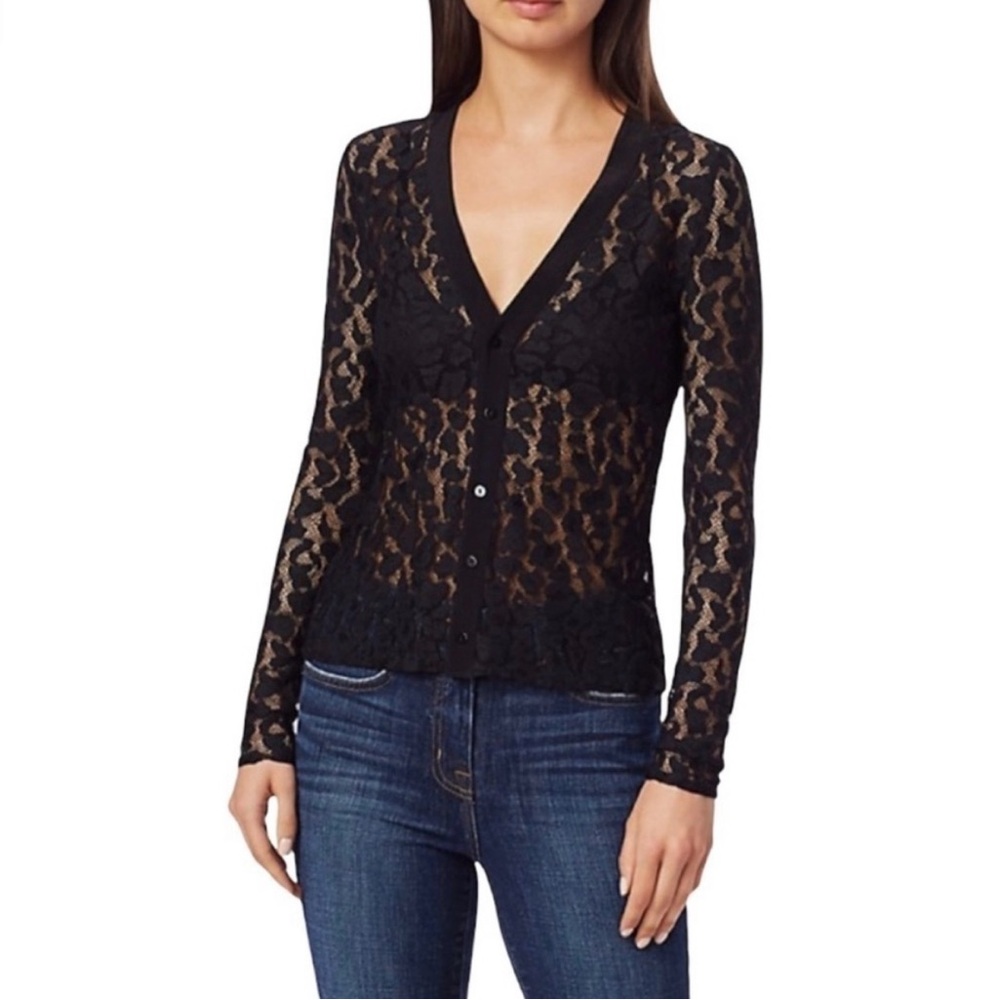 L'AGENCE Leopard Print Black Lace Button Down Shirt Cardigan XS